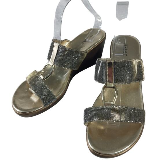 PESARO! "SUSAN" GOLD & BLACK MESH DUAL STRAP/T STRAP GOLD HARDWARE HEELS! SZ 11M - Picture 3 of 10